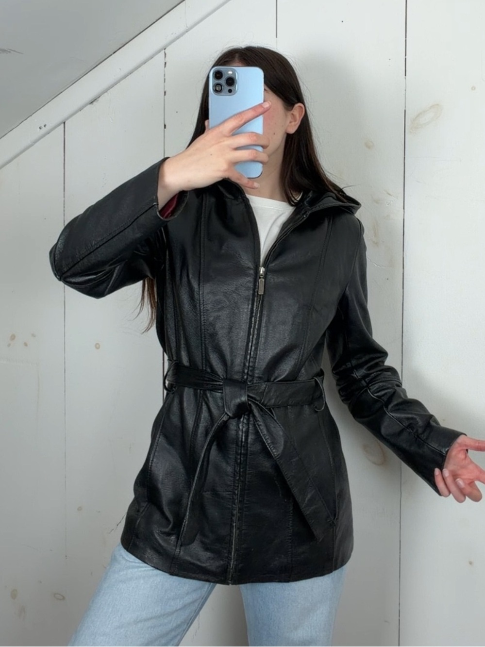 Vintage Croft & Barrow Black Genuine Leather Hooded Belted Jacket Women’s Small